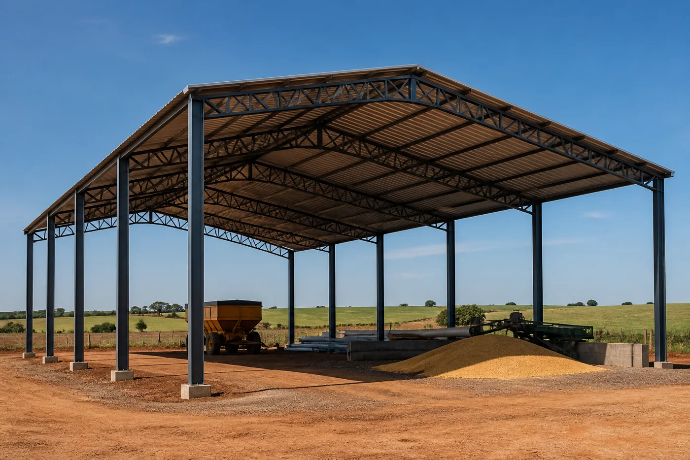 Cobertura metálica rural em área aberta