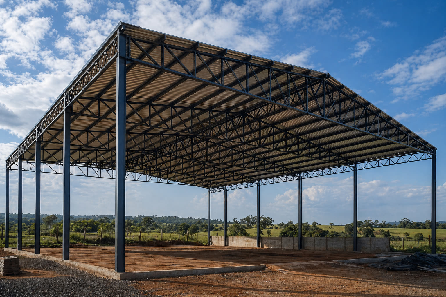 Cobertura metálica rural em área aberta