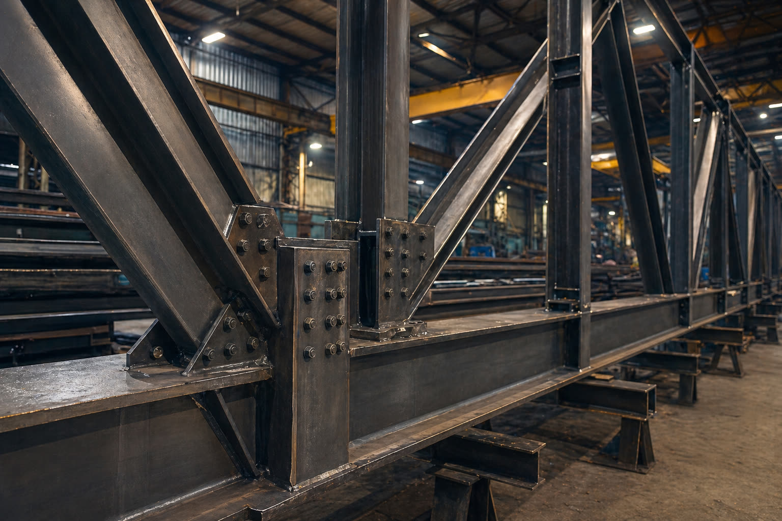 Detalhe de estrutura metálica sob projeto em fabricação