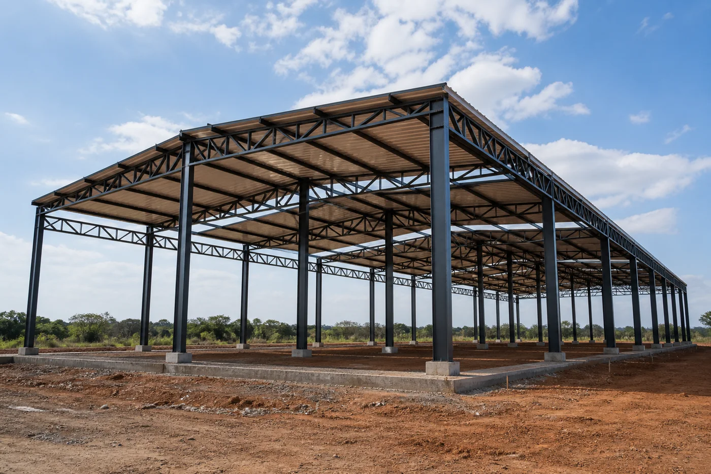 Estrutura metálica de galpão industrial em construção