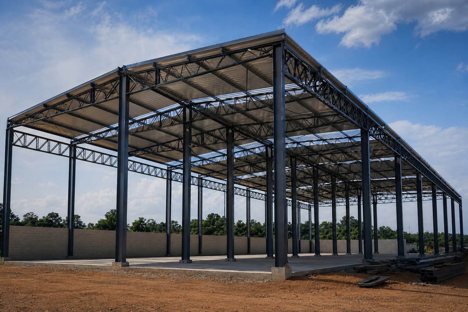 Estrutura metálica de galpão industrial em construção